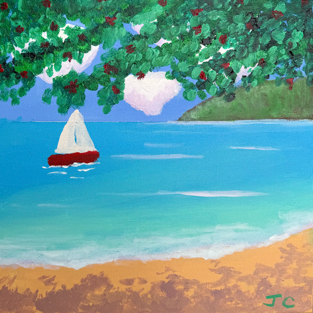 Ocean scene with sailboat in water, beach at bottom with tree branches on top.