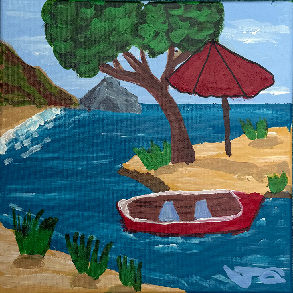 Beach scene with boat and umbrella