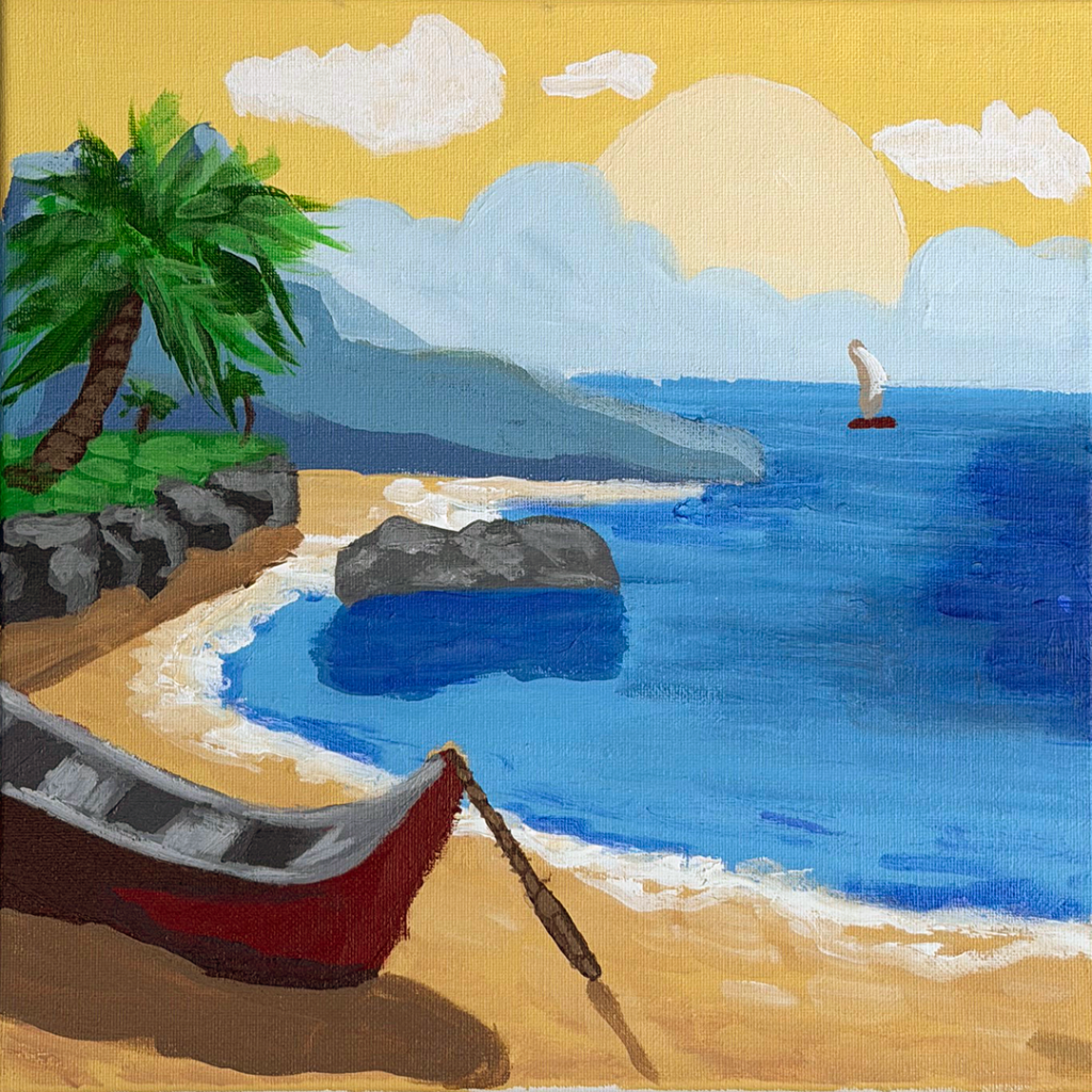 Coastal scene with a boat on a beach