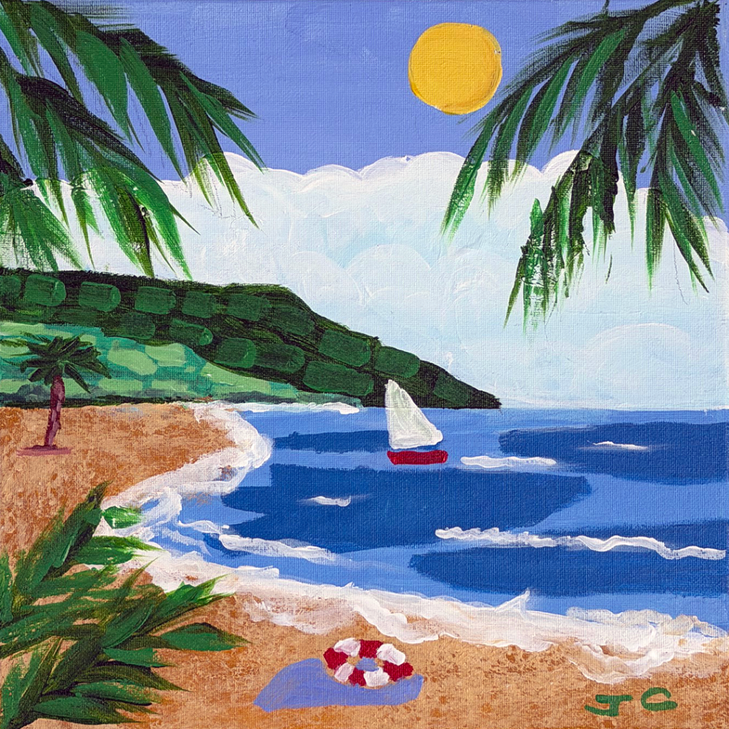 Coastal scene with life ring on beach and a sailboat in distance