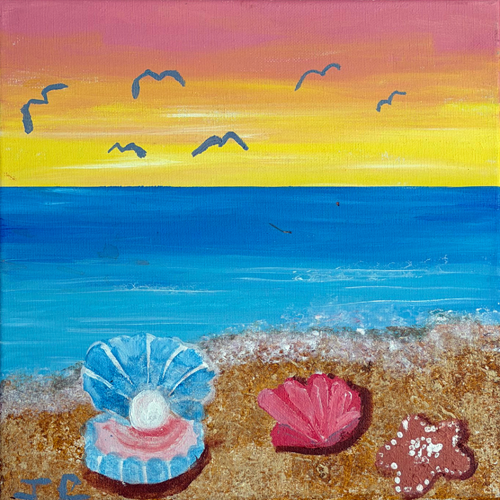 Beach scene with closeup of shells and birds in background