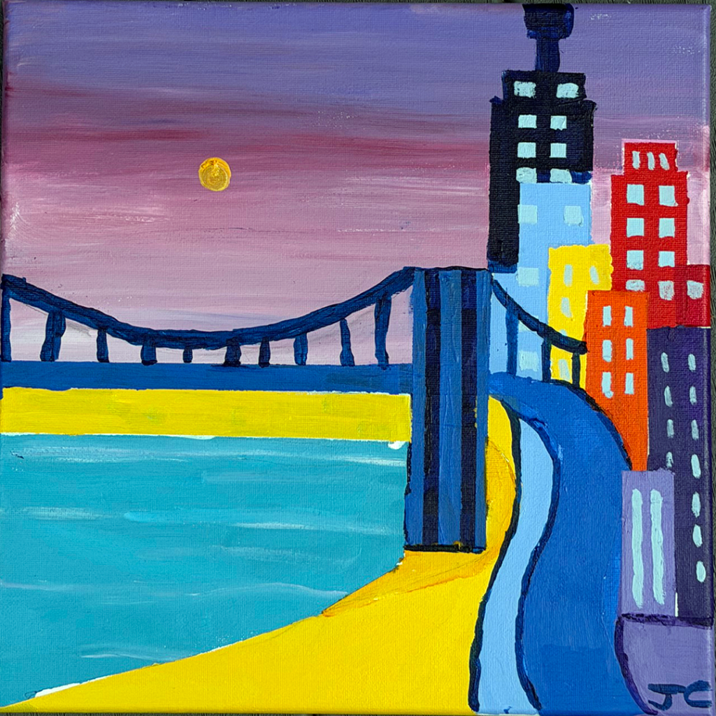 Dark violet sky with cityscape at night and bridge