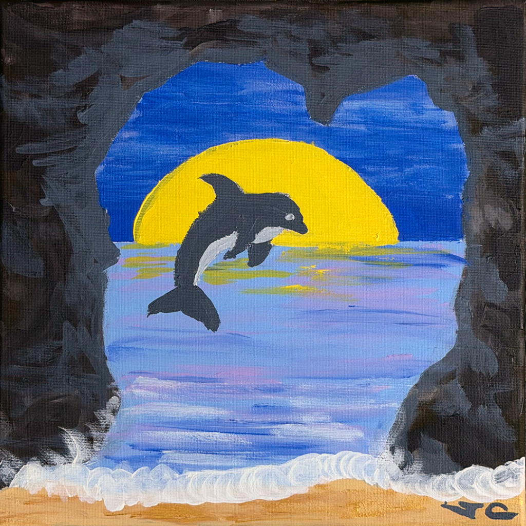 Looking out a cave mouth with dolphin jumping in front of low moon.