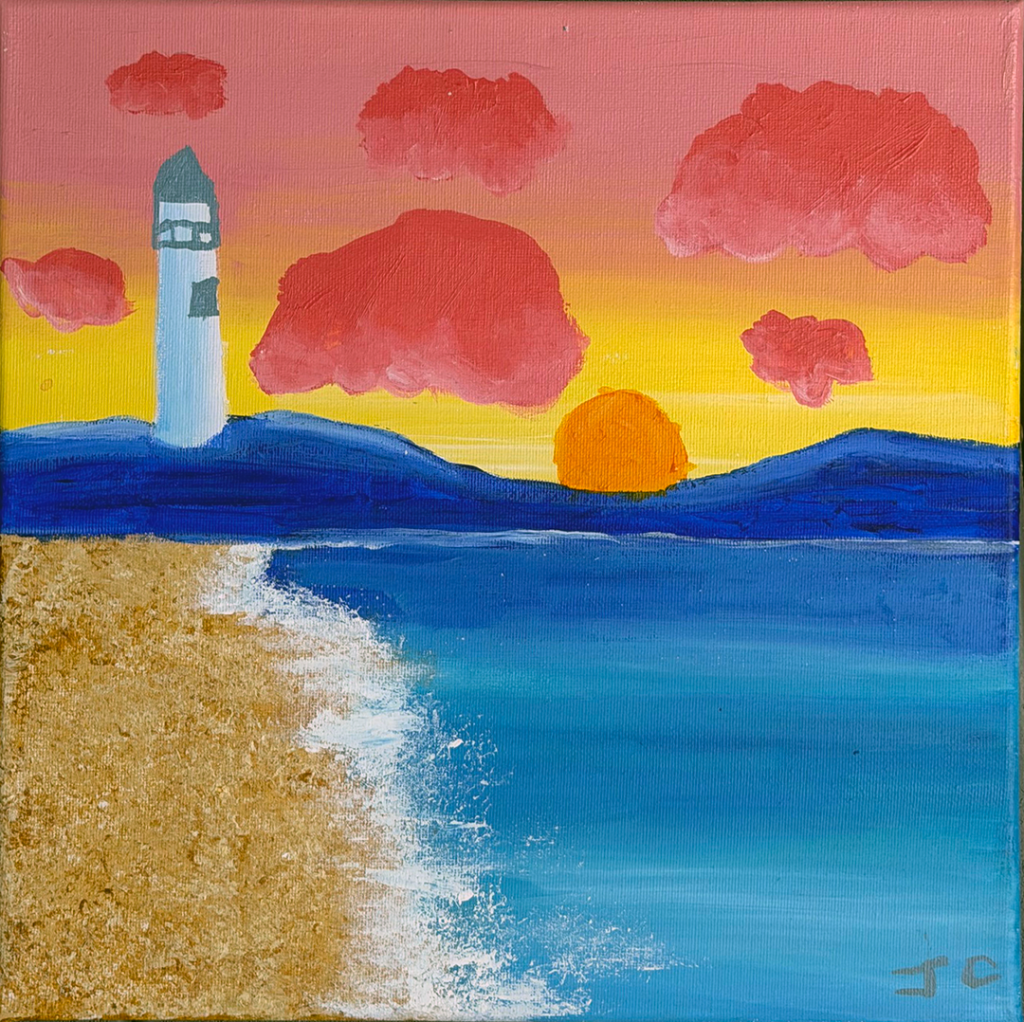 Orange sky with beach, water, and lighthouse